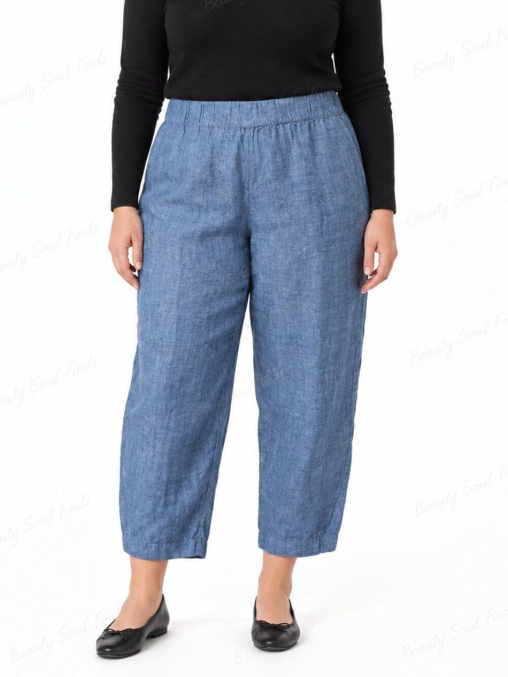 Pure Jill Blue 100% Linen Barrel Leg Cropped Pull on Pants Women’s Plus Size 2X